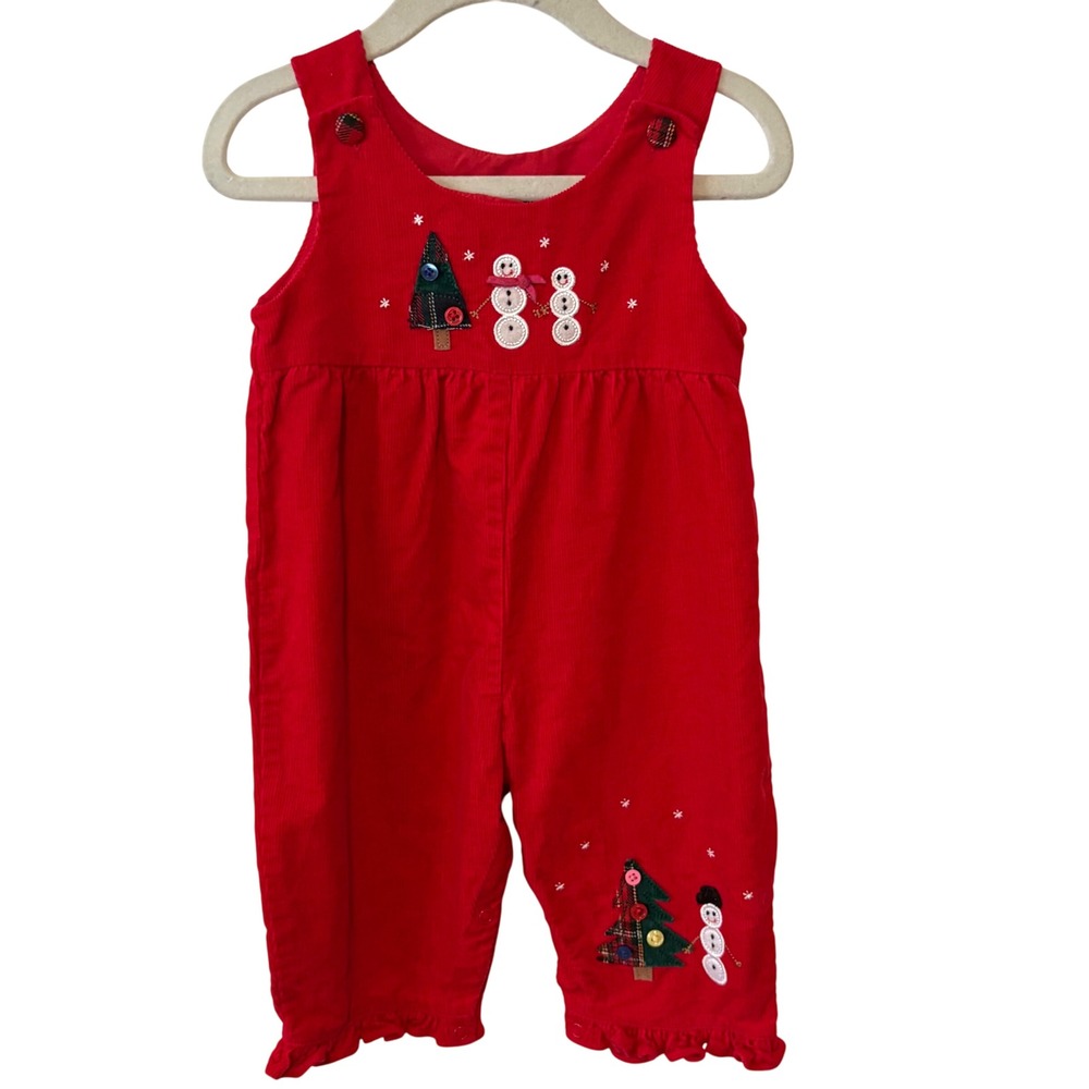 Good Lad Kid's Red Corduroy Christmas Applique Snowman Overalls in Size‎ 6/9 Mo